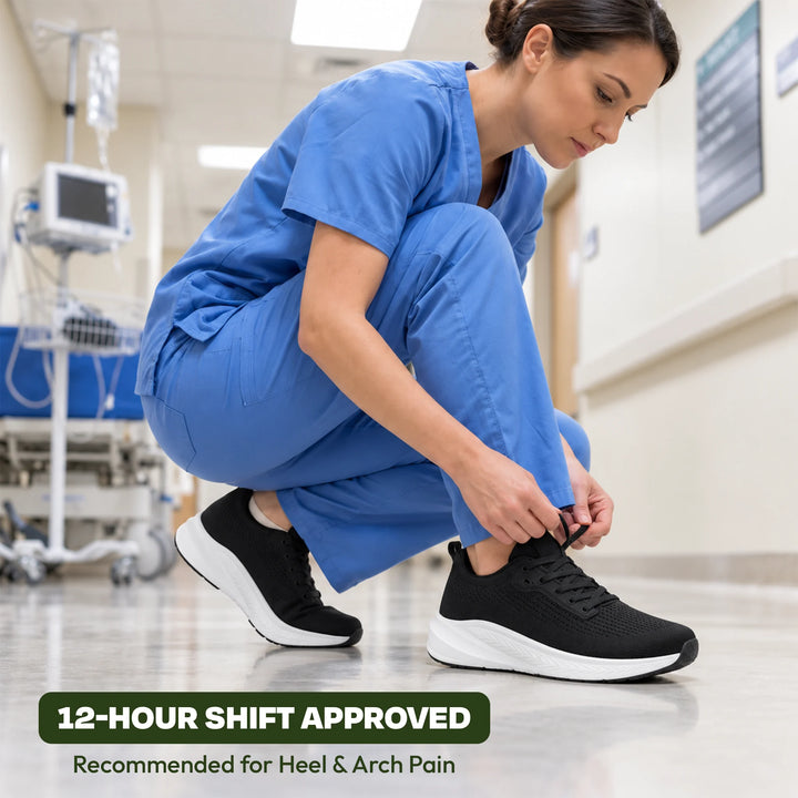Nurse tying Orthizen Comfort 2.0 shoes in a hospital corridor