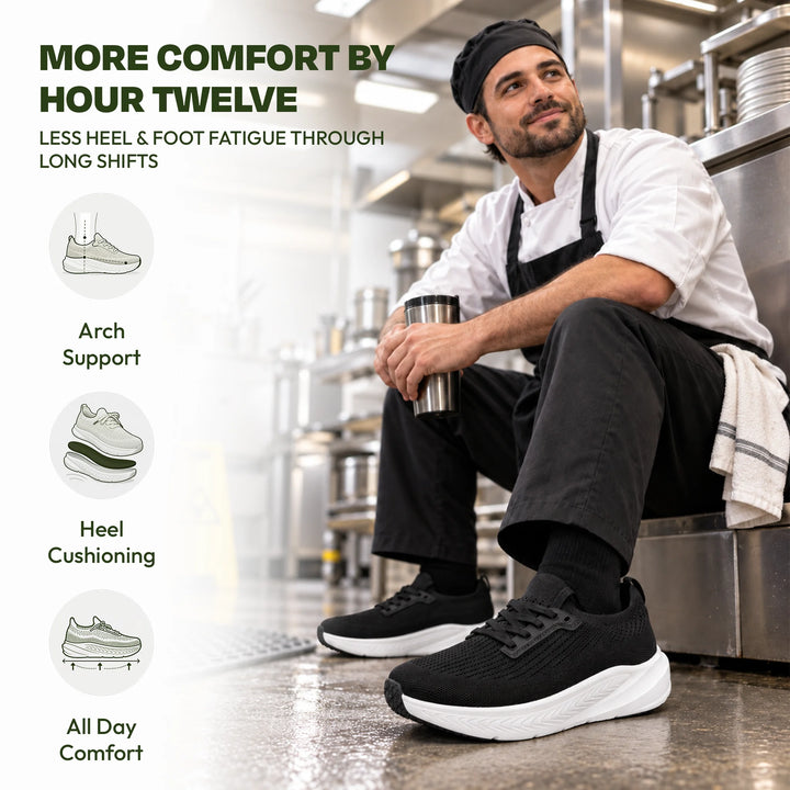 Chef wearing Orthizen Comfort 2.0 on a break in a kitchen